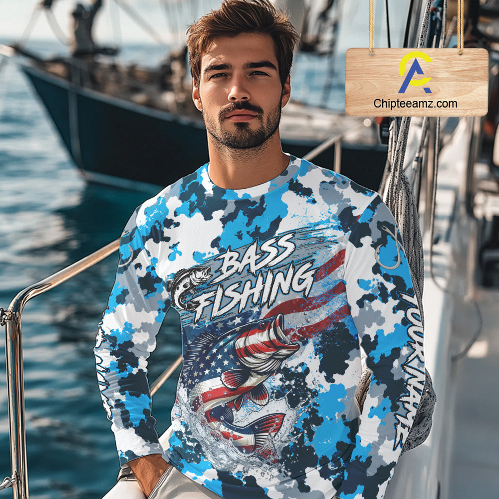 Blue Camouflage Bass Fishing American Flag Fishing Shirt Long Sleeve, Custom Bass Fishing Shirt NBT978