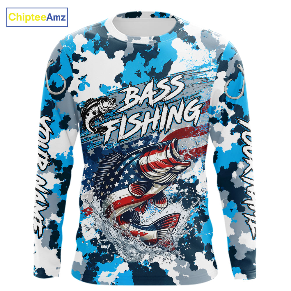 Blue Camouflage Bass Fishing American Flag Fishing Shirt Long Sleeve, Custom Bass Fishing Shirt NBT978