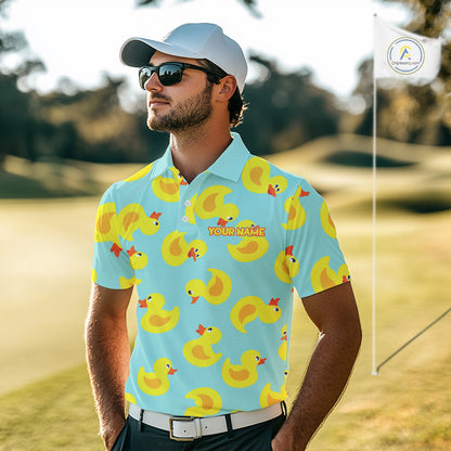 Man wearing Funny Rubber Duck Golf Shirt on golf course, cute yellow rubber duck print design, tailored fit breathable polyester, custom team golf shirt white collar 