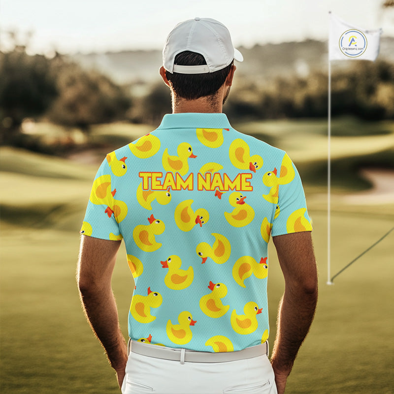 Man wearing Funny Rubber Duck Golf Shirt on golf course, cute yellow rubber duck print design, tailored fit breathable polyester, custom team golf shirt white collar 