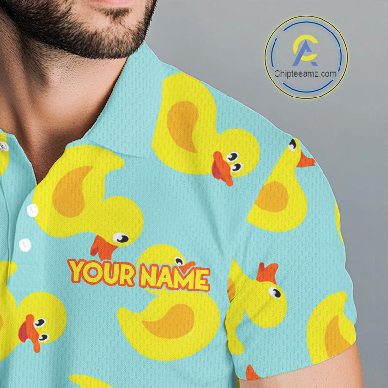Close-up fabric of Funny Rubber Duck Pattern Golf Shirt with custom name on the chest