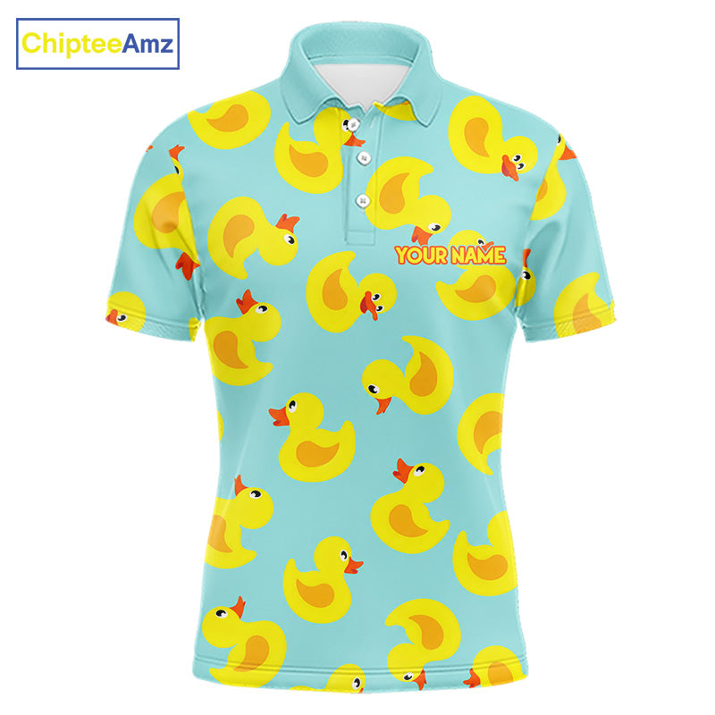 Funny Rubber Duck Golf Shirt front view - cute yellow rubber duck print design, breathable polyester fabric, short sleeve Polo shirt, tailored fit, white collar, custom golf team shirt 