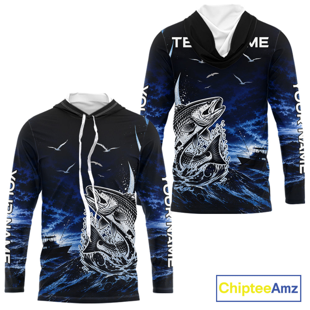 Front and back view of personalized Redfish Red Drum blue long sleeve hooded performance fishing shirt for offshore tournaments