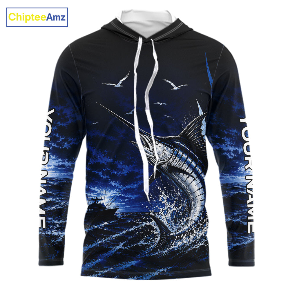 Front view of personalized Blue Marlin blue long sleeve hooded performance fishing shirt, offshore tournament style