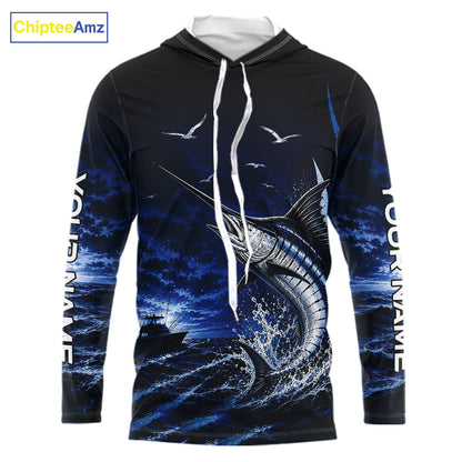 Front view of personalized Blue Marlin blue long sleeve hooded performance fishing shirt, offshore tournament style