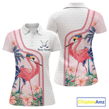 Load image into Gallery viewer, Funny Womens Golf Polo Shirts Custom Pink And White Tropical Flamingo Patter,White Golf Shirt NBT479