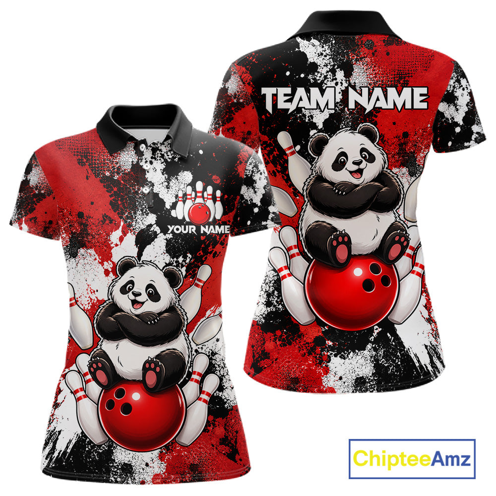 Funny Black And Red Panda Bowling Polo & Quarter Zip For Women, Custom Bowling Team Shirt Bowling Jersey NBT913