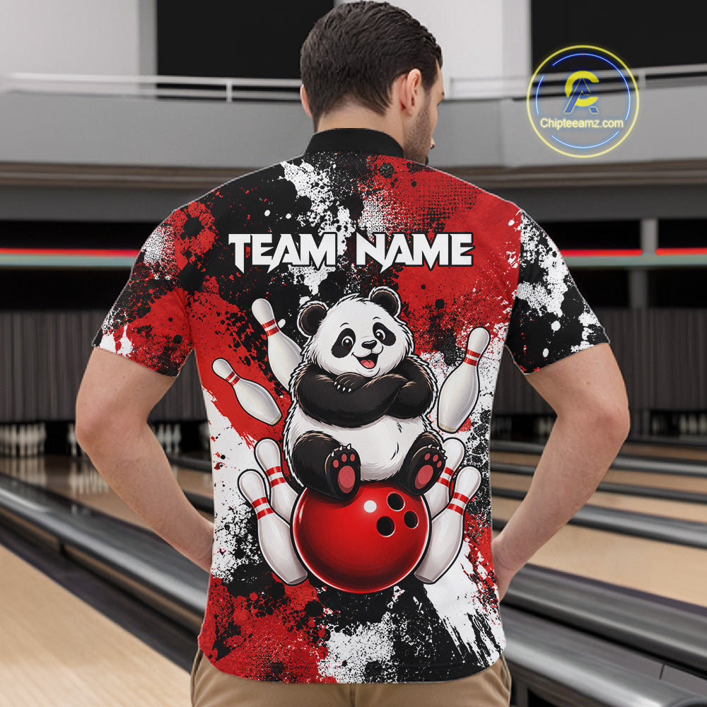Bowler wearing funny black and red panda bowling 1/4 quarter zip shirt on the lanes with personalized name on the back 