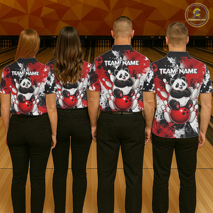 Bowling team wearing matching funny black and red panda bowling jerseys with personalized names - back view