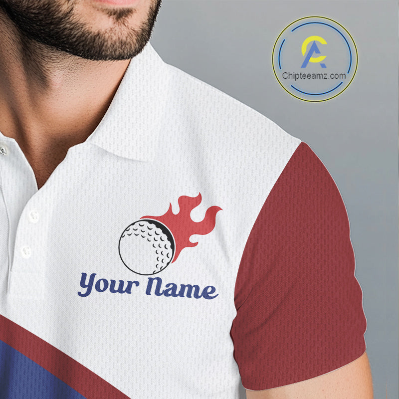 Custom name mens golf polo shirt with funny golf balls pattern - detail view