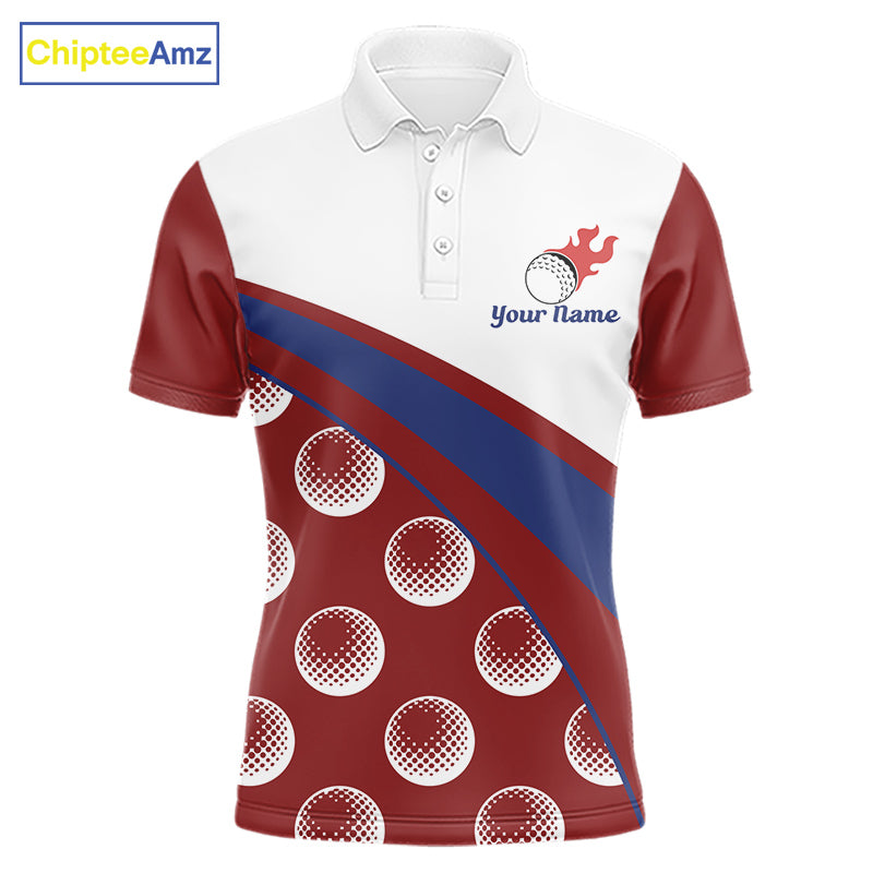 Funny golf balls pattern mens golf polo shirt custom name - red front view