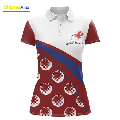 front view of funny golf balls pattern womens red golf polo shirt for ladies