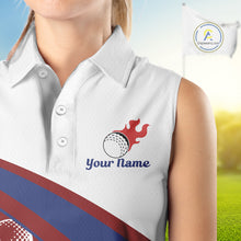 Load image into Gallery viewer, close up funny golf balls pattern on womens sleevless red golf polo shirt for ladies