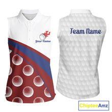 Load image into Gallery viewer, front view of funny golf balls pattern womens sleeveless red golf polo shirt for ladies