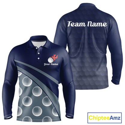 Funny golf balls pattern mens long sleeve golf polo shirt with personalized name - front view
