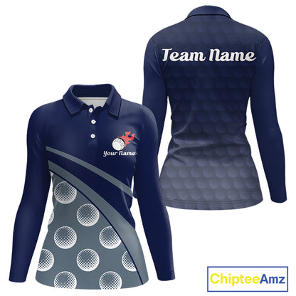 front view of funny golf balls pattern long sleeve womens blue golf polo shirt for ladies