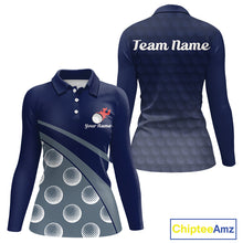 Load image into Gallery viewer, front view of funny golf balls pattern long sleeve womens blue golf polo shirt for ladies