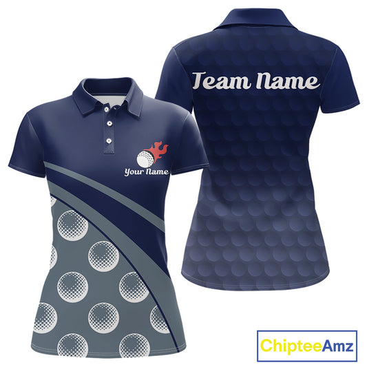 back view of custom name womens golf polo shirt funny blue golf balls golf apparel
