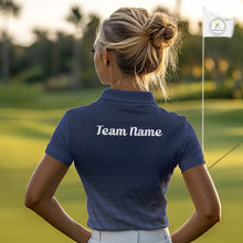 Load image into Gallery viewer, woman in funny golf balls womens blue golf polo shirt with team name 