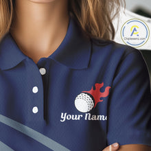 Load image into Gallery viewer, close up funny golf balls pattern on womens blue golf polo shirt for ladies