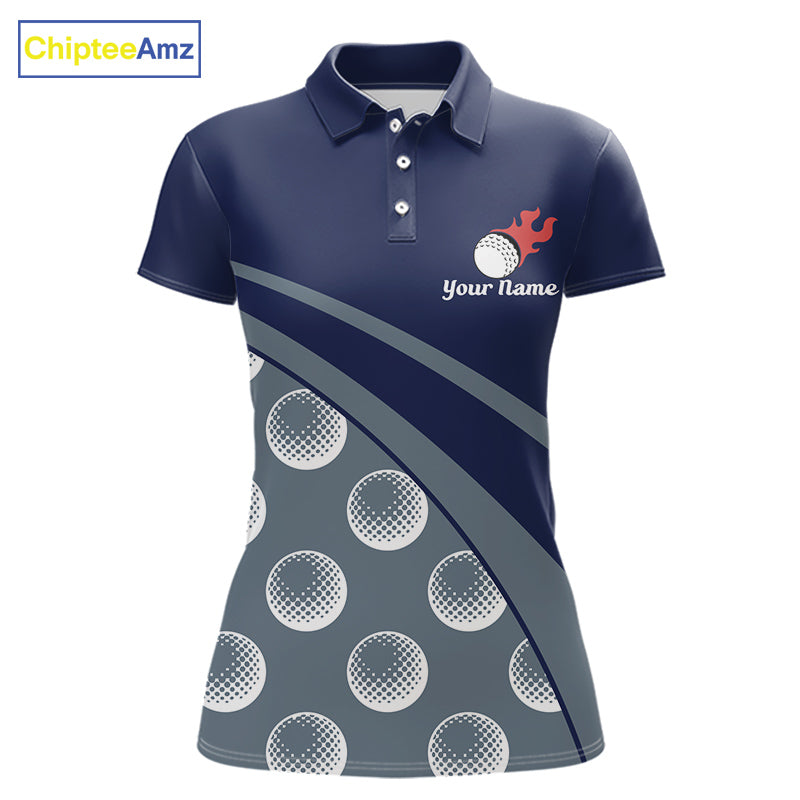 front view of funny golf balls pattern womens blue golf polo shirt for ladies