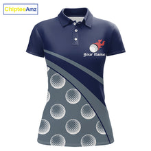 Load image into Gallery viewer, front view of funny golf balls pattern womens blue golf polo shirt for ladies