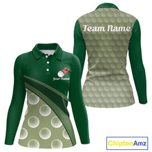 Load image into Gallery viewer, front view of funny golf balls pattern long sleeve womens green golf polo shirt for ladies