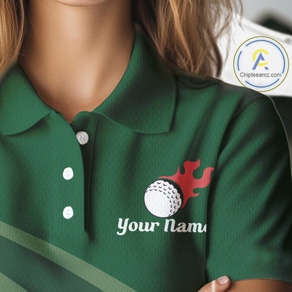 close up funny golf balls pattern on womens green golf polo shirt for ladies