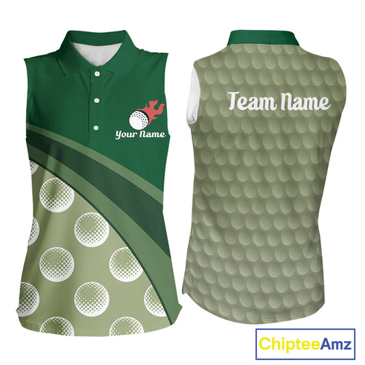 front view of funny golf balls pattern womens sleeveless green golf polo shirt for ladies