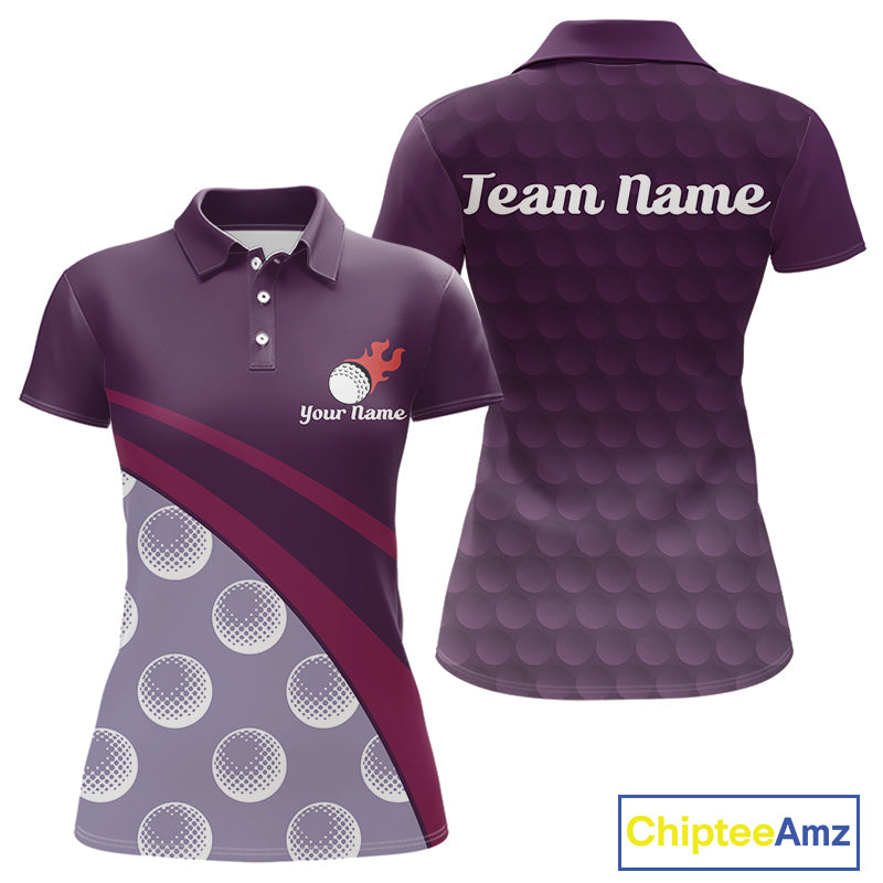 back view of custom name womens golf polo shirt funny purple golf balls golf apparel