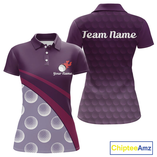 back view of custom name womens golf polo shirt funny purple golf balls golf apparel