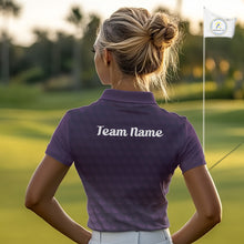 Load image into Gallery viewer, woman in funny golf balls womens purple golf polo shirt with team name 