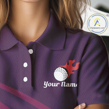 Load image into Gallery viewer, close up funny golf balls pattern on womens purple golf polo shirt for ladies