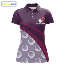 Load image into Gallery viewer, front view of funny golf balls pattern womens purple golf polo shirt for ladies