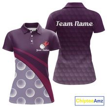 Load image into Gallery viewer, back view of custom name womens golf polo shirt funny purple golf balls golf apparel