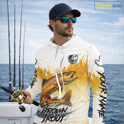 Custom Brown Trout Long Sleeve Hooded Fishing Shirts Yellow Camo Fishing Lures, Custom Fishing Jerseys NBT377