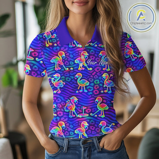 Colorful Neon Rainbow Leopard Flamingo Pattern Womens Polo Shirts, Custom Flamingo Golf Shirts NBT507