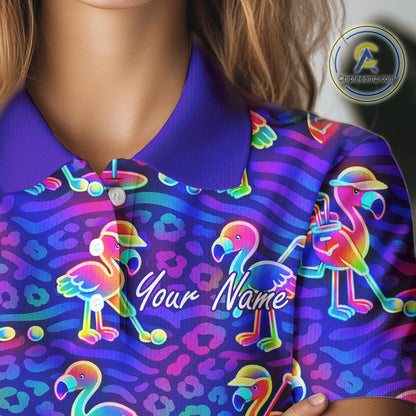 Colorful Neon Rainbow Leopard Flamingo Pattern Womens Polo Shirts, Custom Flamingo Golf Shirts NBT507
