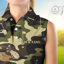 Load image into Gallery viewer, Green Camo Womens Sleeveless Golf Polo Shirts Custom Golf Attire For Ladies, Personalized Golfer Gifts NBT626