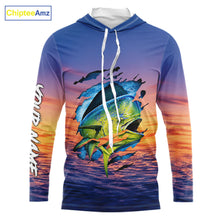 Load image into Gallery viewer, Front view Mahi Mahi Fishing Sunset custom long sleeve hooded fishing shirt, mahi mahi offshore fishing apparel with sunset mahi mahi graphic