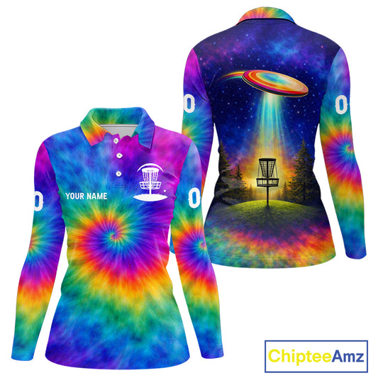Womens Disc Golf Polo Shirts with Colorful Tie Dye Background Custom Disc Golf Team Shirt, Disc Golf Gift NBT657