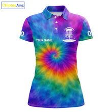 Load image into Gallery viewer, Womens Disc Golf Polo Shirts with Colorful Tie Dye Background Custom Disc Golf Team Shirt, Disc Golf Gift NBT657