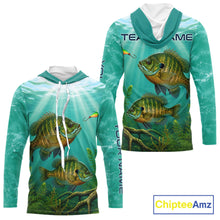 Load image into Gallery viewer, Front and back view Custom Bluegill Fishing Jersey long sleeve hooded tournament shirt, bluegill fishing jersey with UPF protection