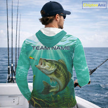 Load image into Gallery viewer, Angler wearing Custom Bass Fishing Jersey long sleeve hooded tournament fishing shirt with personalized name on the sleeve.
