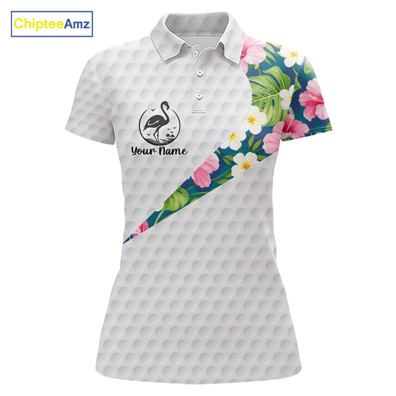 Funny Womens Golf Polo Shirt Custom Tropical Flamingo Pattern White Golf Shirts NBT523