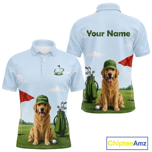 Golf-themed polo shirt with a dog on a golf course, customizable tex