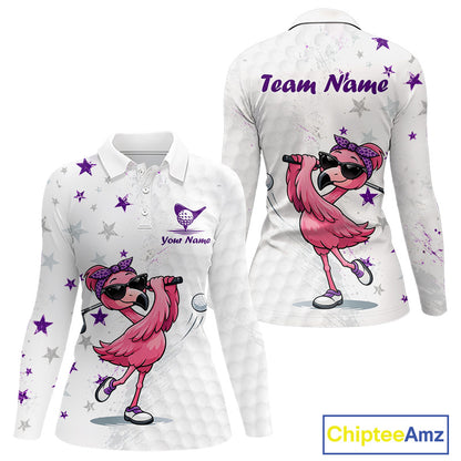 White polo shirt with pink flamingo design and 'Team Name' text