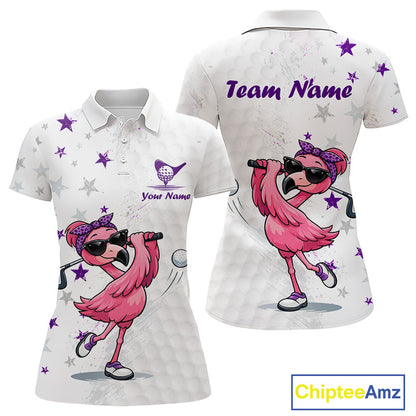 White polo shirt with pink flamingo design and 'Team Name' text