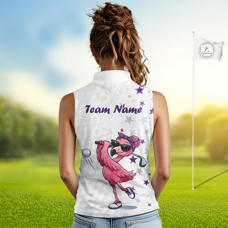 Person wearing a sleeveless shirt with a flamingo design and 'Team Name' text on a golf course.
