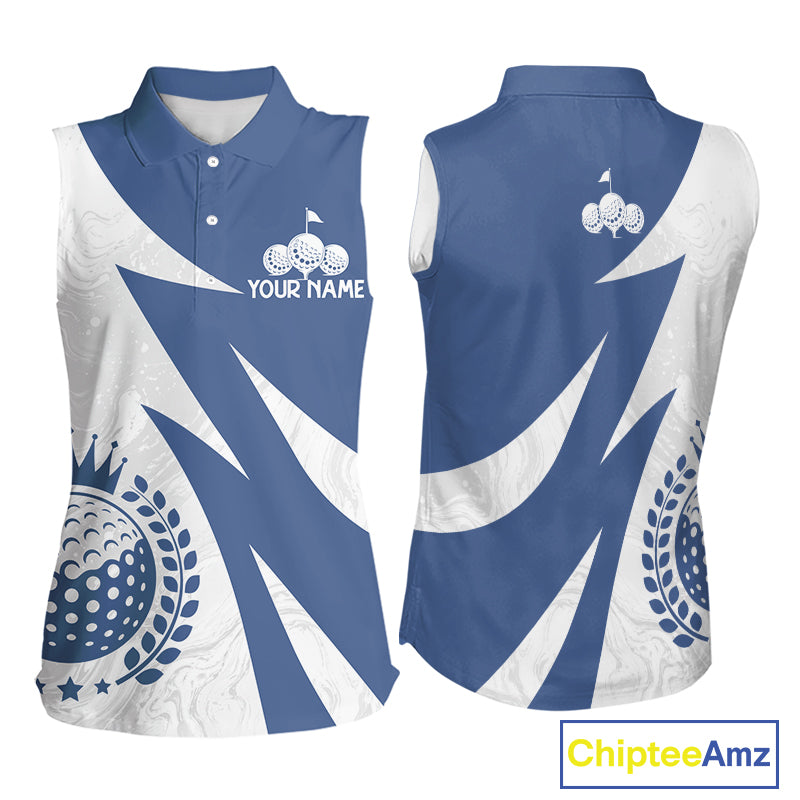 Womens Sleeveless Golf Polo Shirts Custom Name Navy Blue And White Golf Shirt, Golf Attire NBT671